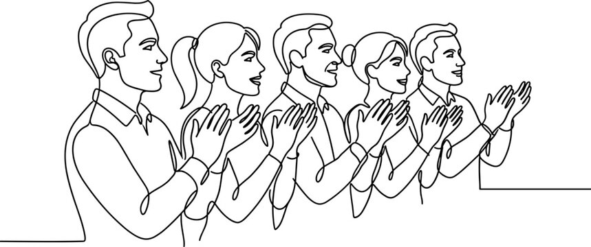 Line art illustration of a diverse group of people clapping hands in unison.