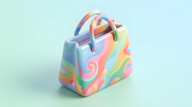 Colorful handbag with retro psychedelic liquid pattern on pastel blue background, 3D render illustration for fashion retail and shopping promo