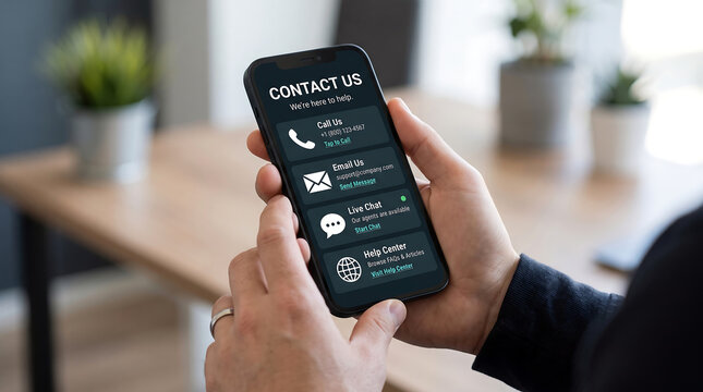 Person holding a black smartphone displaying a contact us customer support interface with call, email, live chat, and help center options