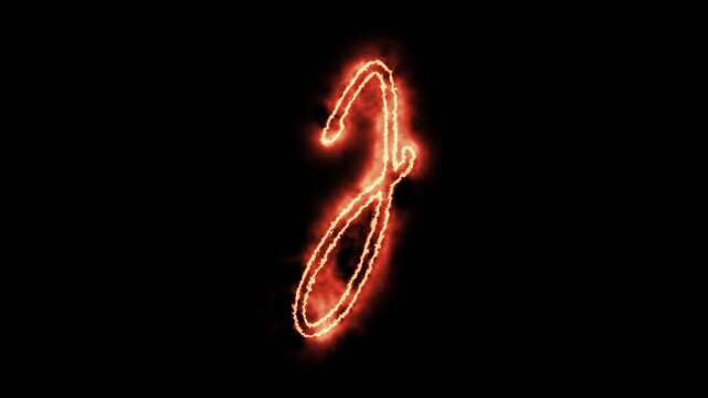 Glowing fire letter j animation, fiery alphabet character with burning smoke effect on black background