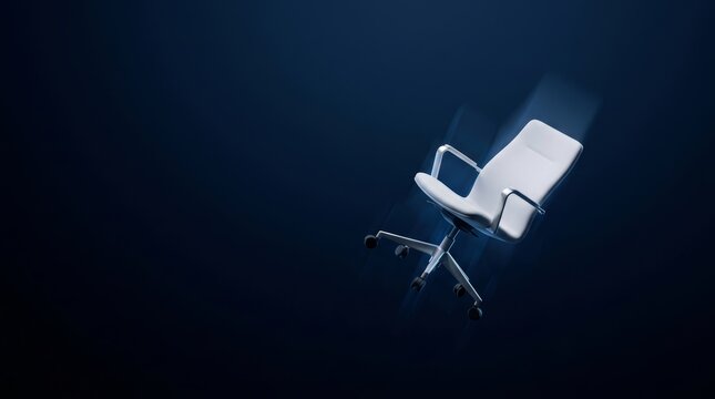 White office chair floating diagonally on dark blue gradient background with motion blur trails. Swivel chair in dynamic levitation with copy space. Modern workplace furniture product