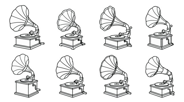 Vintage Antique Gramophone Phonograph Line Art Vector Icons Set
