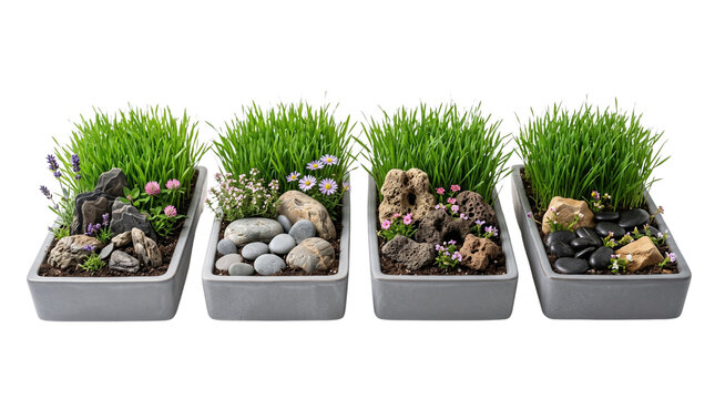 Miniature zen rock garden planter set, indoor tabletop mini grass planters, modern grey concrete garden trays isolated on white background