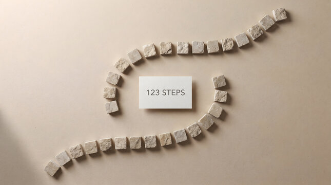 A conceptual layout showing 123 steps indicated by a series of stones arranged in a pathway around a central white card