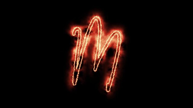 Glowing neon letter m with fiery energy effect, abstract electric alphabet character on black background