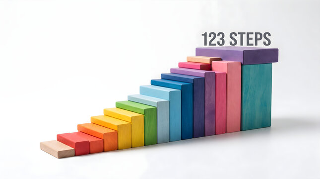 A staircase built with colorful wooden blocks forming 123 steps concept for success growth and progress in business