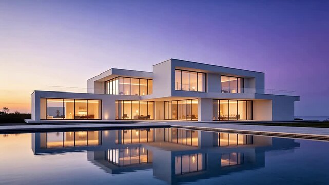 Modern house with pool at dusk