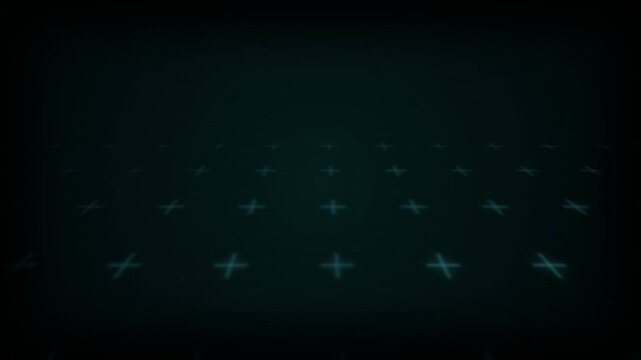 Dark digital grid with glowing cyan cross markers on a retro CRT screen perspective plane, concept for virtual reality scanning, cyberpunk HUD interface, and sci-fi video background design