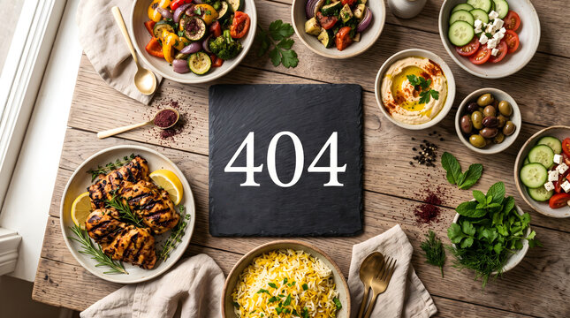 A 404 food error page concept featuring a wooden table spread with delicious Mediterranean grilled chicken and salad