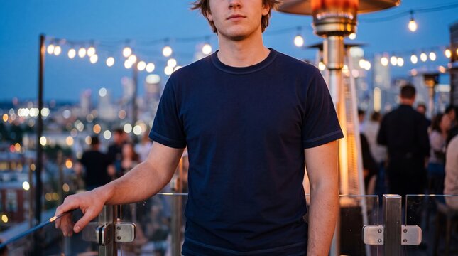 Young man in navy blue t-shirt at rooftop bar city skyline copy space