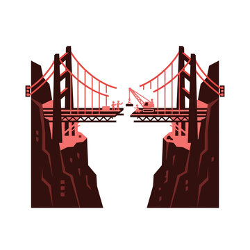 Stylized architectural illustration of bridge construction site with engineering crew and crane spanning across a deep mountain canyon