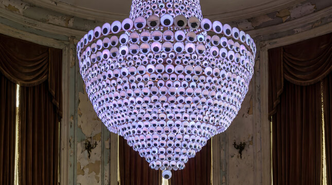 Surveillance camera chandelier hanging in a grand vintage room representing total observation