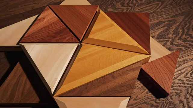 Geometric wooden triangles puzzle assembled on a wood surface, creating a creative artistic design