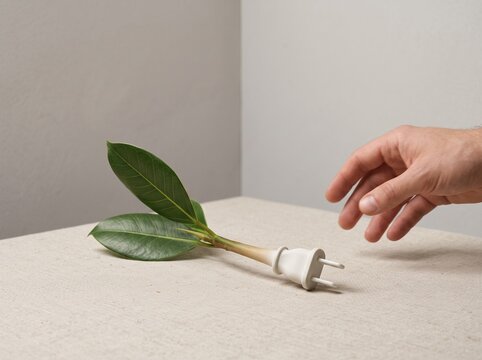 A conceptual plant sprout seamlessly blending into an electric plug with a hand reaching toward it on a neutral background