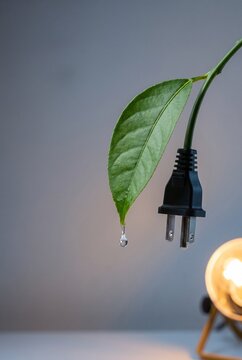 Green power and clean energy concept with an electric plug hanging from a plant stem with a water drop