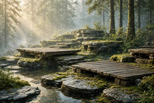 Wooden product platforms on mossy stone steps in misty sunlit forest