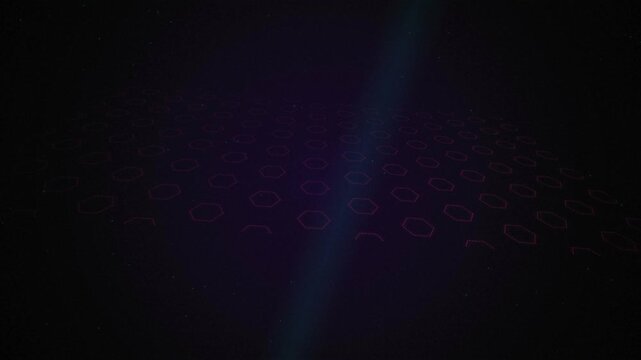 Dark futuristic digital background with glowing blue lens flare and purple hexagonal grid pattern in perspective, concept for cyber security and virtual reality, ideal for technology presentations