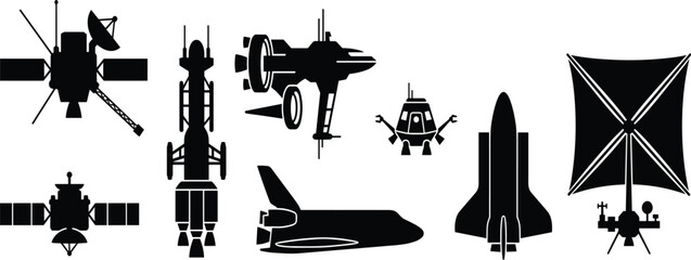 Space Exploration Spacecraft Satellite Shuttle Lander Solar Sail Silhouette Vector Set © MdShoriful