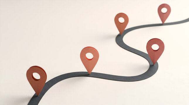 Close perspective of a winding road path with red GPS location pins and destination checkpoints