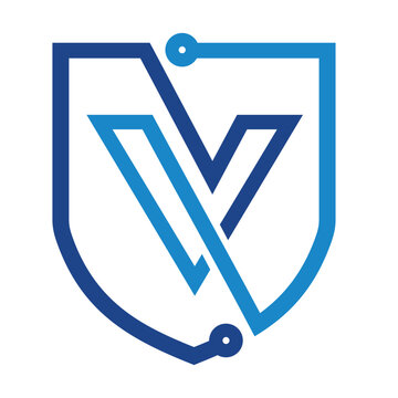 Shield with letter V in the middle with electric circuit, for virtual technology logo.