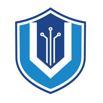 Shield with letter V in the middle with electric circuit, for virtual technology logo.
