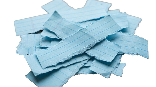 Piled fragments of lined blue paper scraps create a messy heap on a transparent background plane.