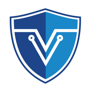 Shield with letter V in the middle with electric circuit, for virtual technology logo.
