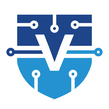 Shield with letter V in the middle with electric circuit, for virtual technology logo.