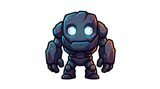 Cartoon stone golem character with glowing blue eyes