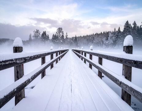 Snowy bridge, winter forest, and frozen lake create quiet scenic landscape beneath cloudy sky, with fresh snow covering walkway and wooden rail