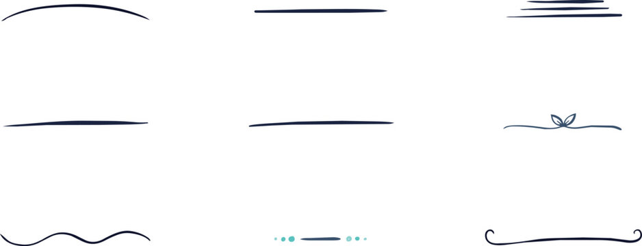 Set of hand drawn dark blue decorative text dividers and underline isolated on a white background, for page formatting