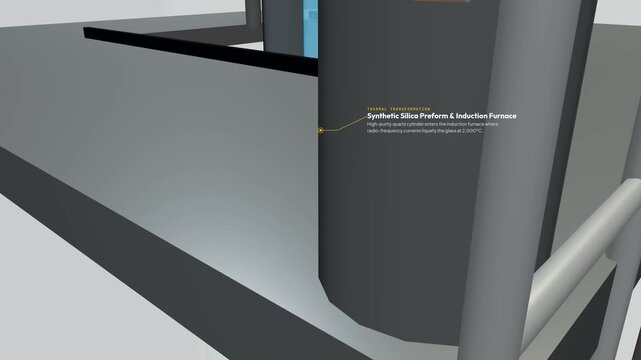 3D animation of an optical fiber draw tower illustrating the manufacturing process including silica preform heating, neck-down formation, laser measurement, acrylate coating and ultraviolet curing
