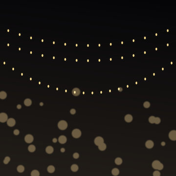 Christmas background with string lights garland, black and gold festive design with copy space