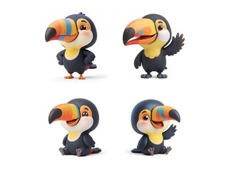 Fototapeta premium Cute 3D Toucan Character in Standing and Sitting Poses Isolated on White Background, Generative AI illustrator