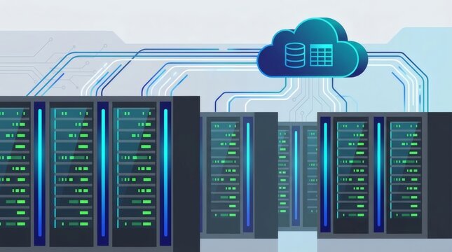 Cloud computing technology with data center server racks and digital database network