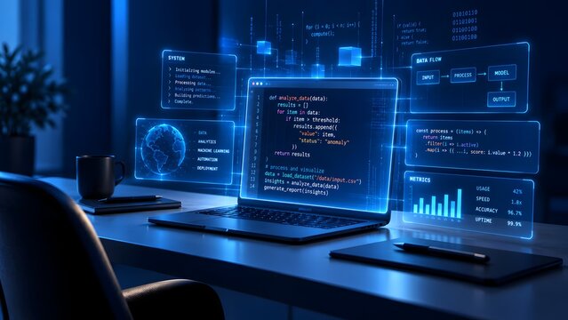 Holographic data analytics dashboard with machine learning code and system metric charts over modern office desk