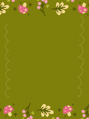Obraz premium Blank rectangular invitation card template with hand drawn line frame and pink autumn mushroom top bottom borders on olive green 