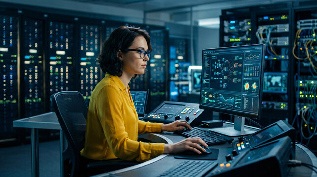 Female IT systems engineer yellow blouse glasses sitting dark control room terminal dashboard panel desk analyzing security network matrices monitor screen server room scene