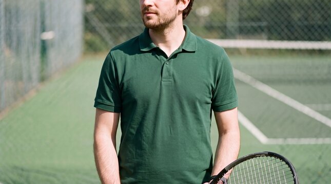 Man wearing forest green polo shirt at outdoor tennis court