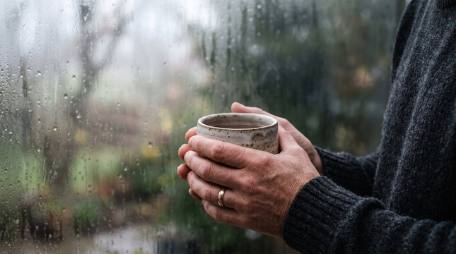 Man hands holding warm ceramic cup near raindrop covered glass window in cozy home.