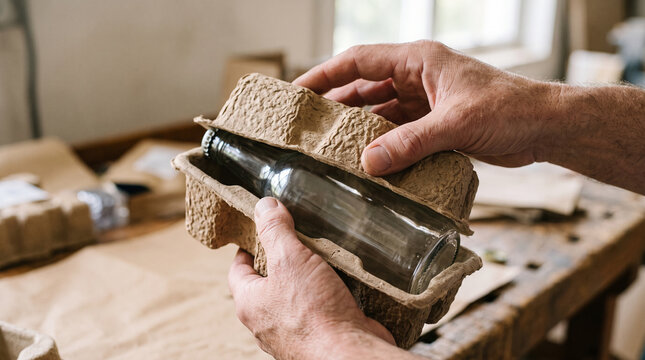 Close up hands fitting recyclable molded fiber packaging around glass bottle for safe transport