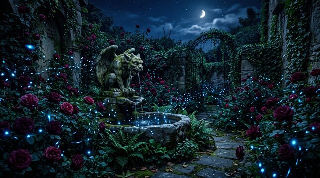 Mystical Garden at Night: A hauntingly beautiful gothic garden under a moonlit sky, featuring a gargoyle fountain, blooming roses, and ethereal blue lights.
