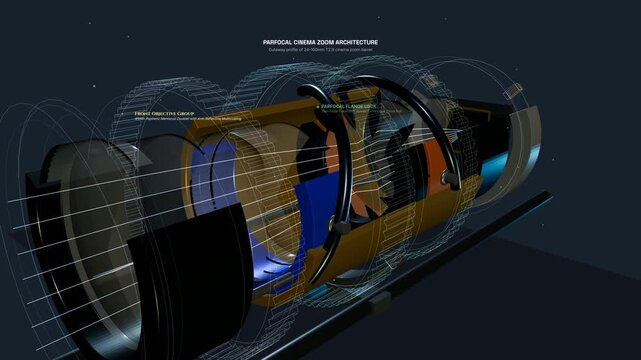 3D wireframe animation of a parfocal cinema zoom lens architecture demonstrating internal mechanical movements of lens elements during focal length adjustment while maintaining focus