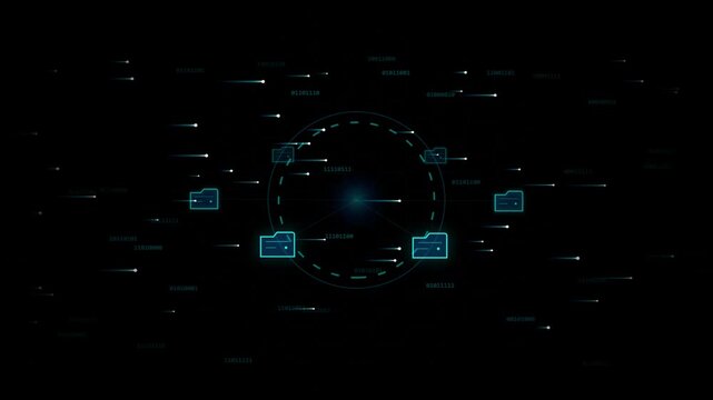 Abstract digital network concept with glowing blue folder icons and binary code streams representing data transfer and connectivity in a futuristic dark cyberspace environment
