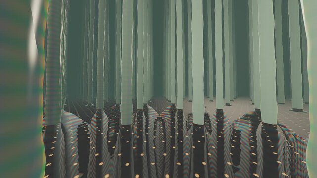 Abstract Bamboo Forest: A stylized 3D digital animation featuring vertical bamboo stalks and repeating geometric lines in soft teal and muted red tones.