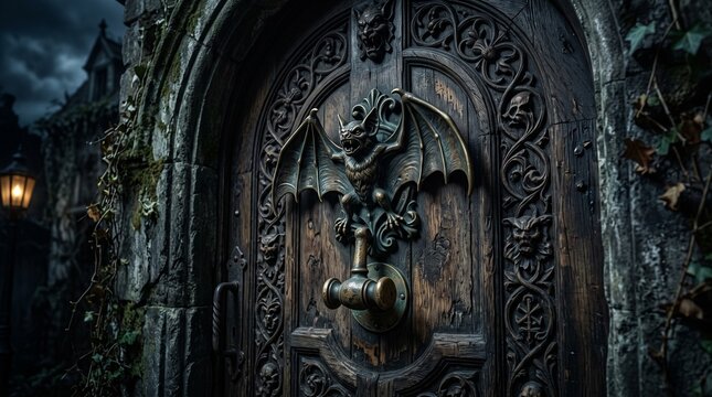 Haunted Gothic Door: An ornate, weathered wooden door with intricate carvings, a grotesque gargoyle knocker, and a dimly lit lantern evokes a sense of mystery and foreboding.