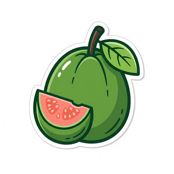 Bold Vector Illustration of a Fresh Whole Green Guava and a Pink Sliced Piece, Isolated Sticker Style Fruit Icon with Leaf and Seeds for Healthy Food Design Concepts.