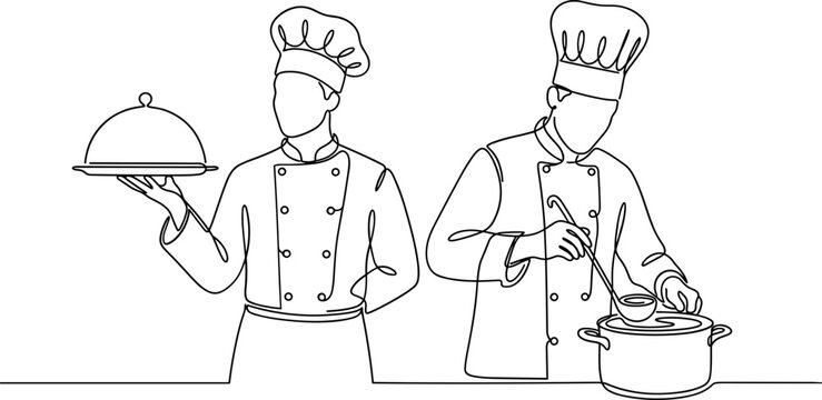 A continuous line art drawing of two male chefs in uniform preparing food in the kitchen.