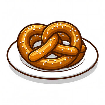 Delicious golden brown soft pretzels sprinkled with coarse salt on a white plate vector illustration, traditional German snack and bakery pastry isolated on white background