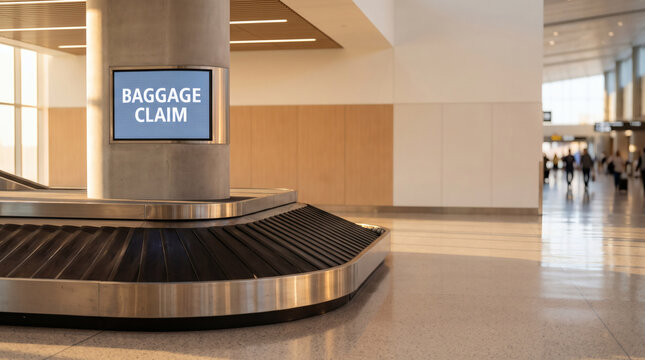 modern airport baggage claim area with empty luggage carousel and illuminated flight information screen clean minimal interior with copy space professional travel photography